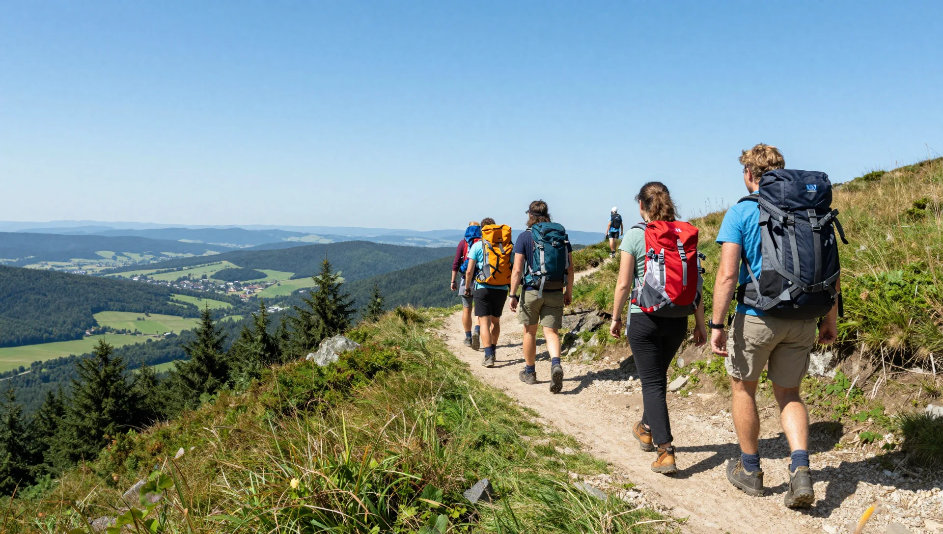Groupe d'amis en randonnée sur les crêtes des Vosges
